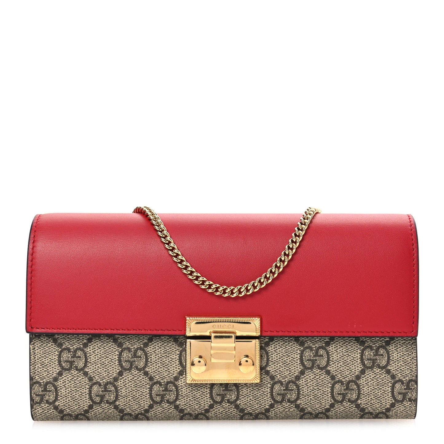 GG Supreme Monogram Moon Calfskin Padlock Continental Chain Wallet Beige Ebony Hibiscus Red New Rosette