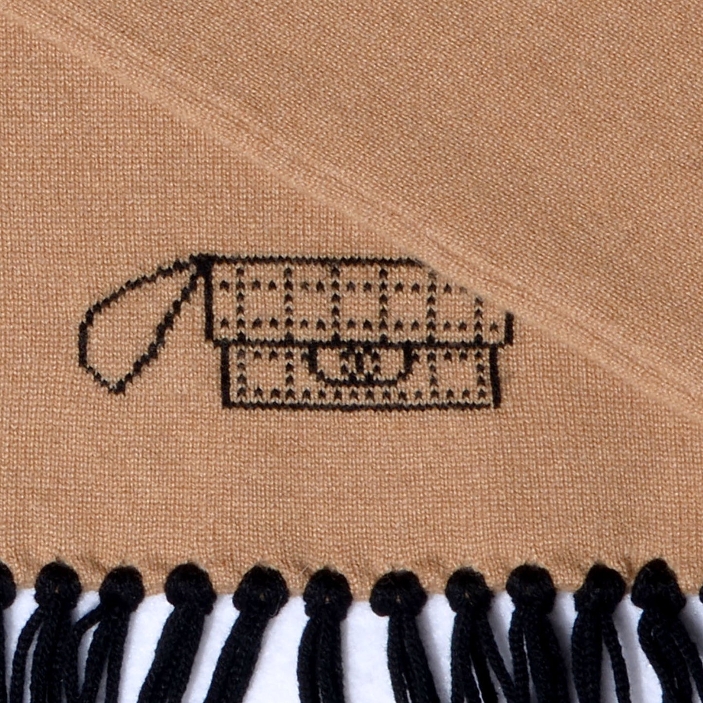 Knit Embroidered Fringe Scarf Beige Black