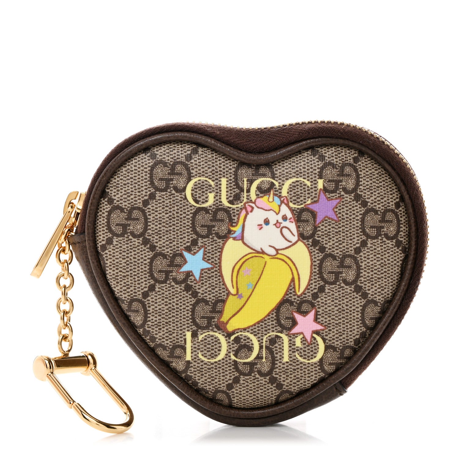 Gucci X BNF GG Supreme Monogram Textured Dollar Calfskin Bananya Print Heart Coin Purse Beige Ebony Multicolor New Acero 1 of 7