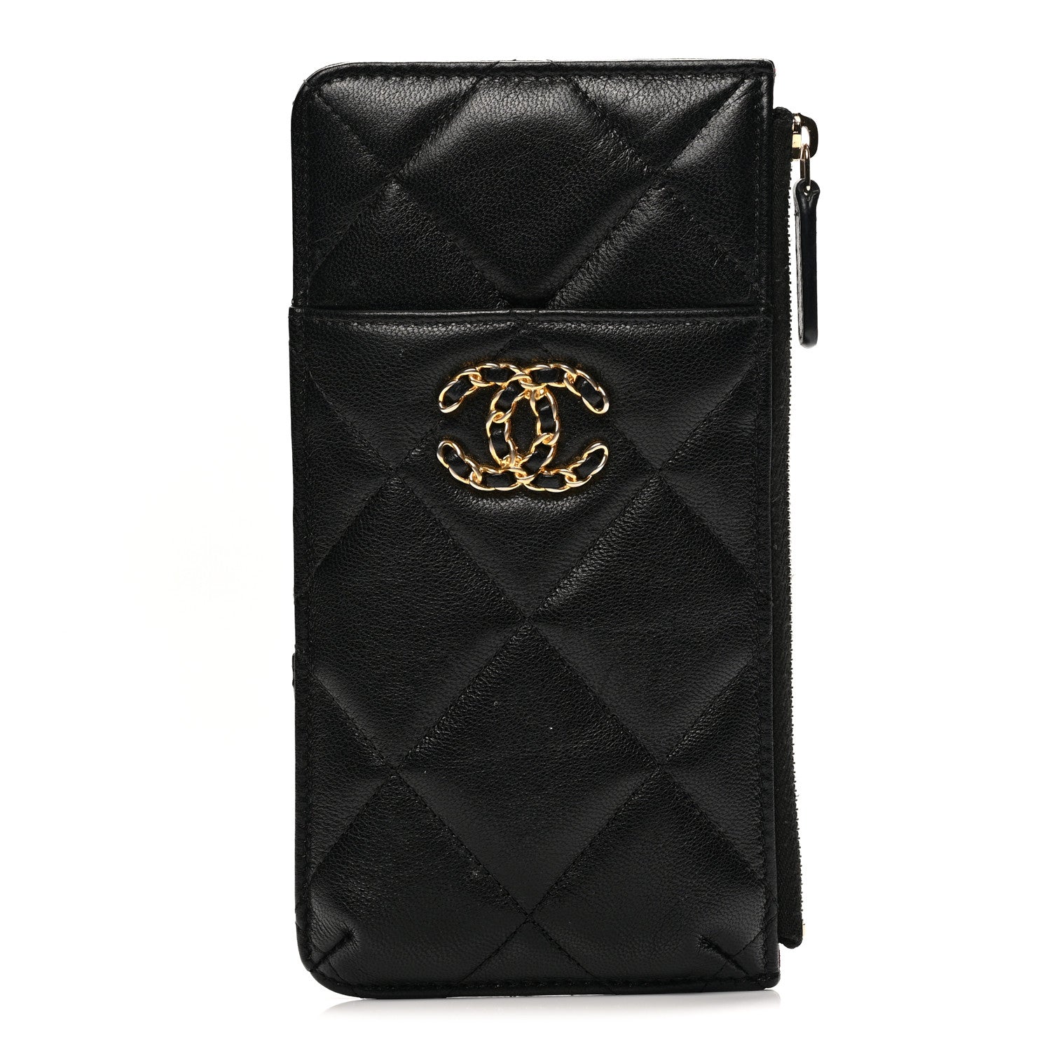 Chanel Shiny Goatskin Quilted Chanel 19 Phone and Card Holder Black 1 of 8