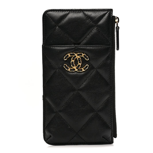 Shiny Goatskin Quilted Chanel 19 Phone and Card Holder Black