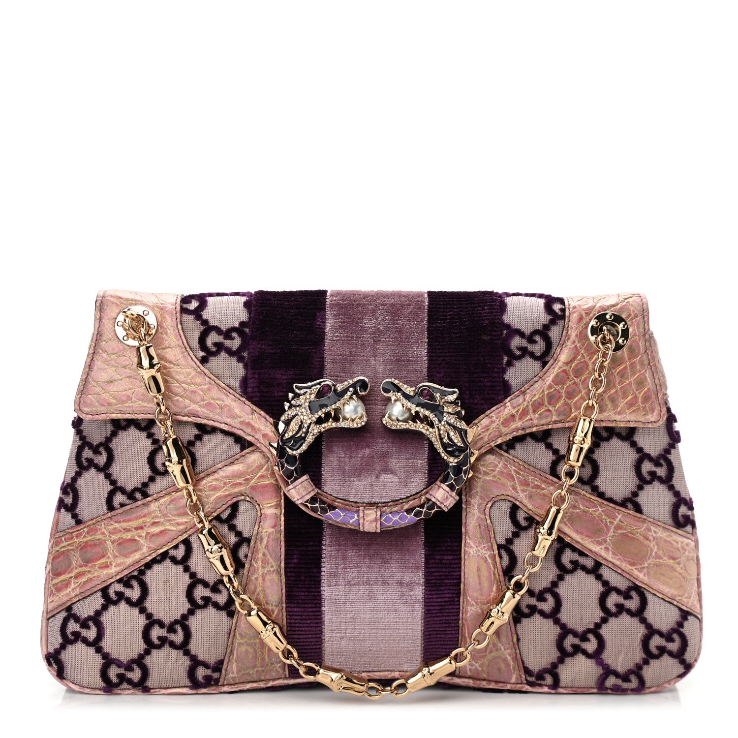 Gucci Velvet Monogram Crocodile Tom Ford Jeweled Dragon Shoulder Bag Purple Pink 1 of 10