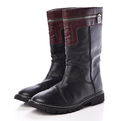 Chanel Calfskin Motorcycle Zipper Boots 40.5 Black Burgundy 3 of 12