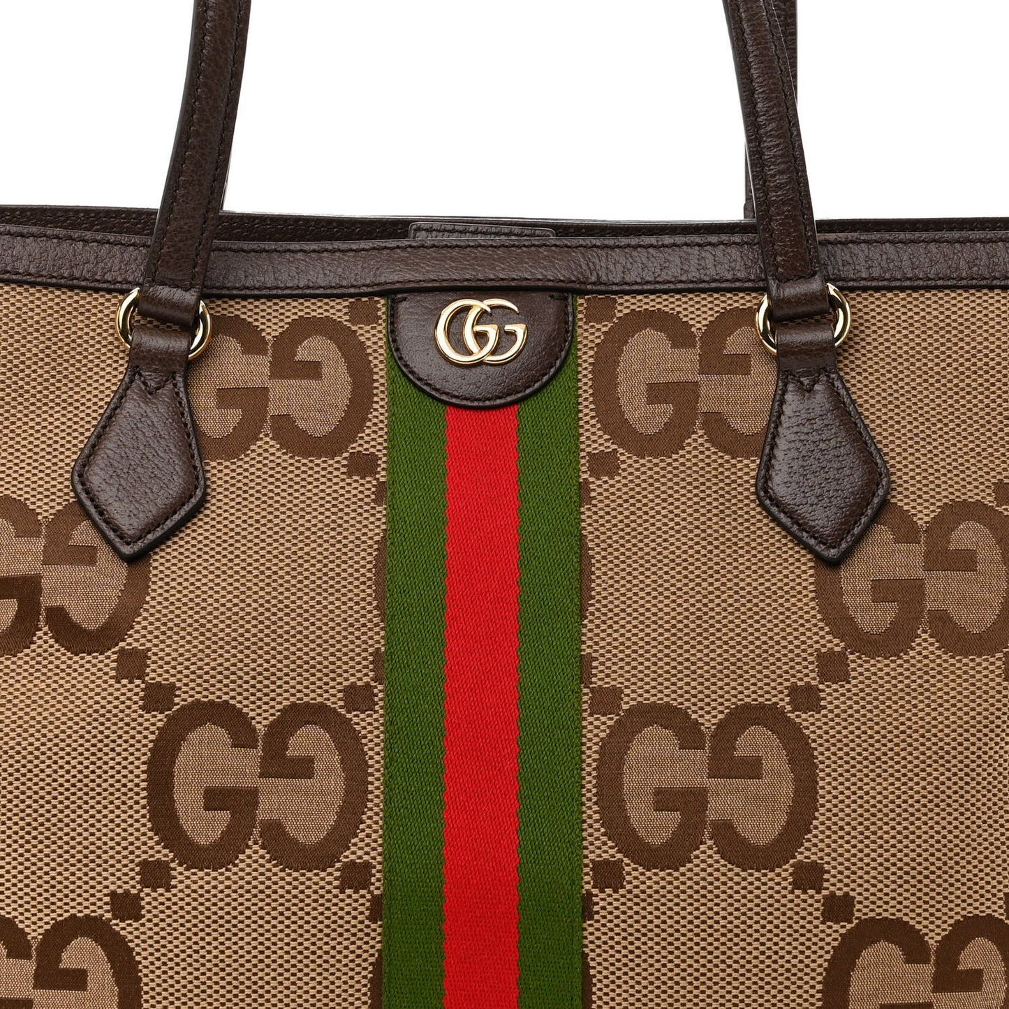 Monogram Jumbo GG Textured Dollar Calfskin Web Medium Ophidia Shopping Tote Camel Ebony