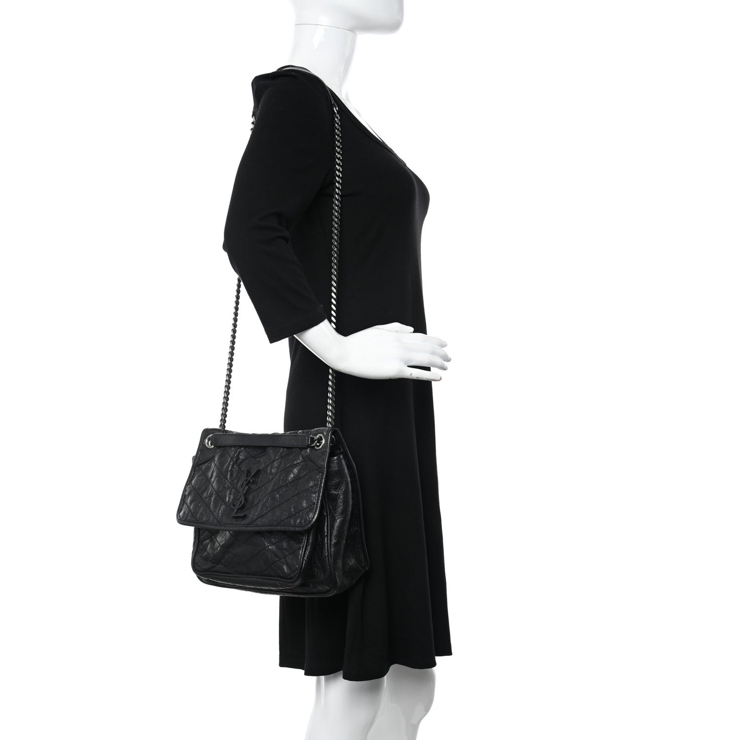 Crinkled Calfskin Matelasse Monogram Large Niki Chain Satchel Black