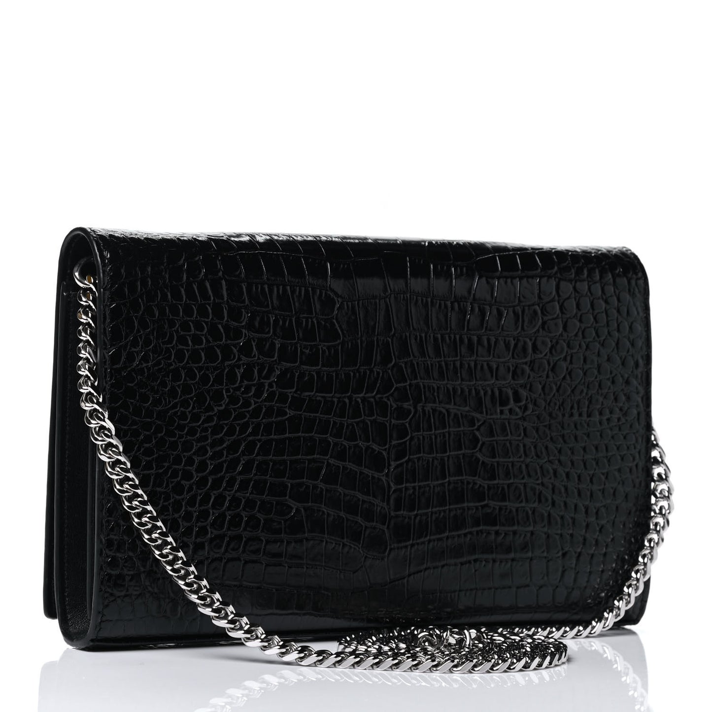 Calfskin Crocodile Embossed Monogram Chain Wallet Black