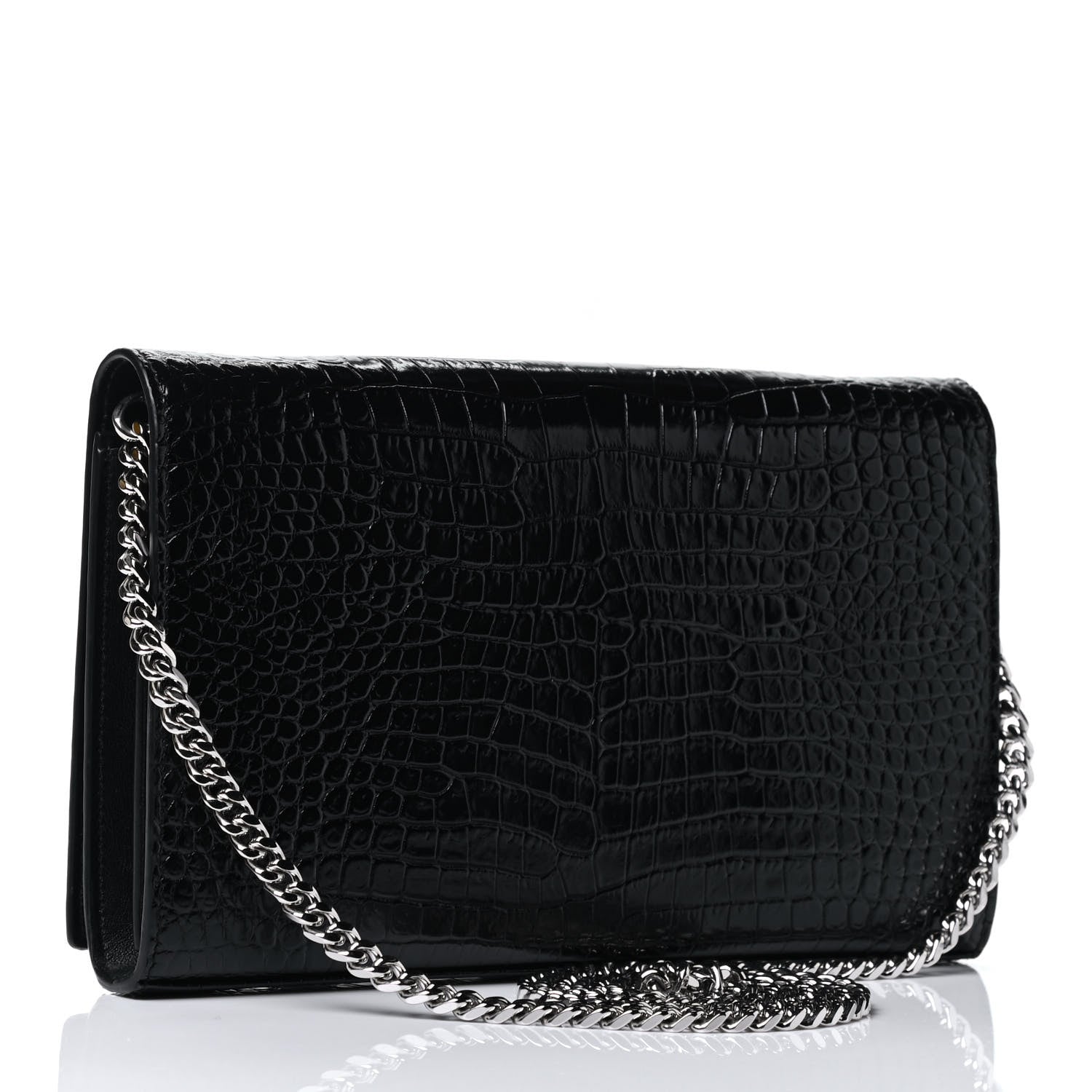 Saint Laurent Calfskin Crocodile Embossed Monogram Chain Wallet Black 2 of 4