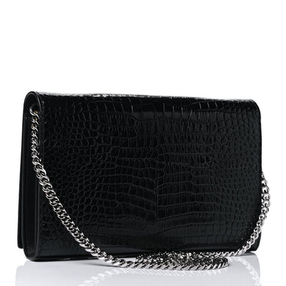 Saint Laurent Calfskin Crocodile Embossed Monogram Chain Wallet Black 2 of 4