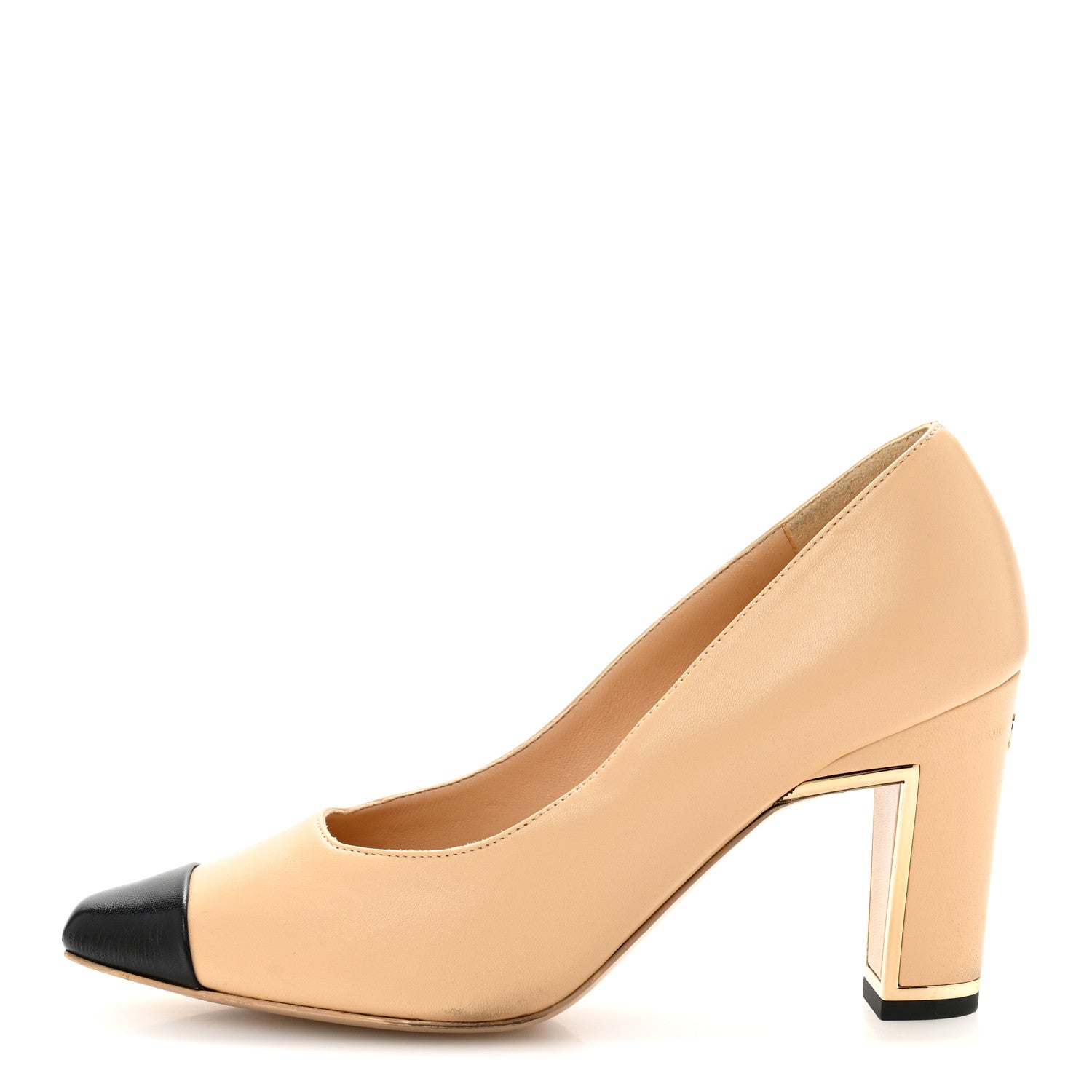 Chanel Lambskin Cap Toe Metal Heel Pumps 37.5 Beige Black 1 of 12