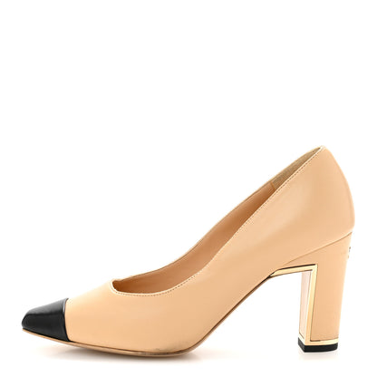 Chanel Lambskin Cap Toe Metal Heel Pumps 37.5 Beige Black 1 of 12
