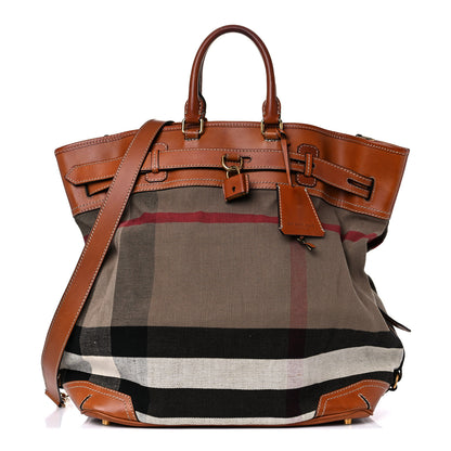 Burberry Canvas Mega Check Traveler Tote Dark Tan 1 of 36
