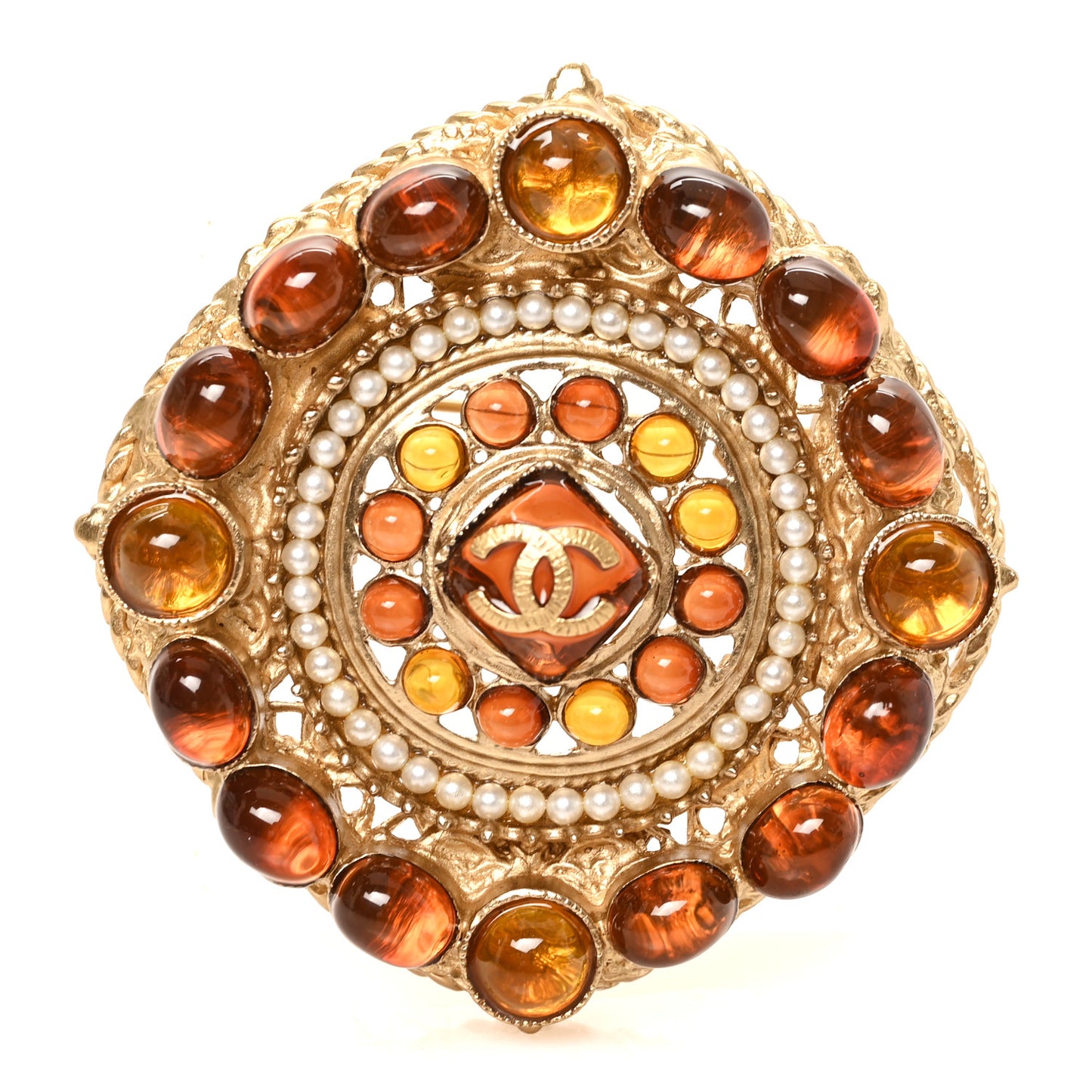 Enamel Pearl Gripoix Poured Glass Brooch Gold