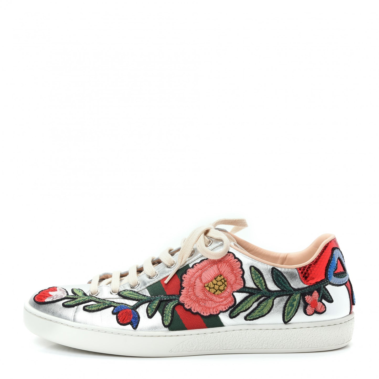 Metallic Calfskin Floral Embroidered Ace Sneakers 39.5 Silver