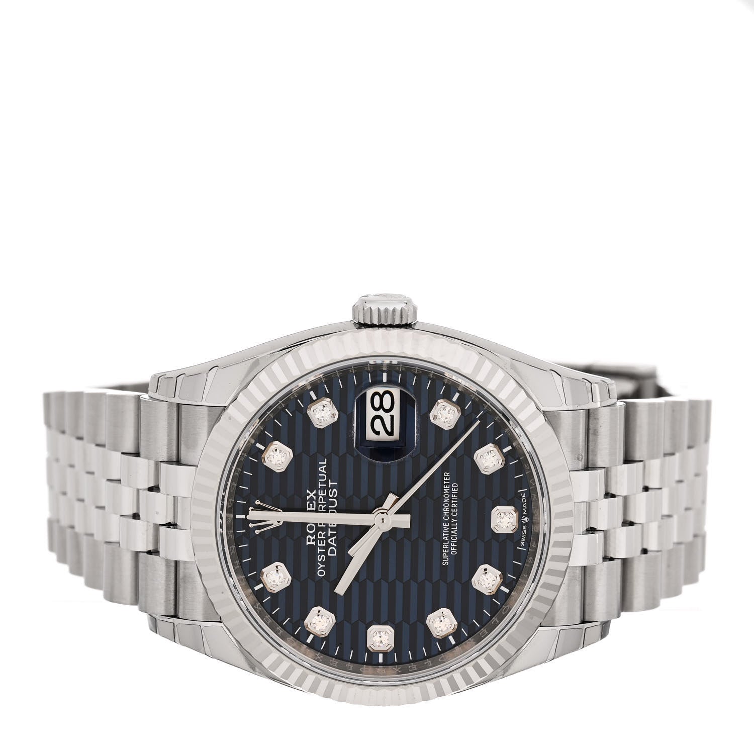 Rolex Stainless Steel 18K White Gold Diamond 36mm Oyster Perpetual Datejust Watch Blue Fluted 126234 2 of 5