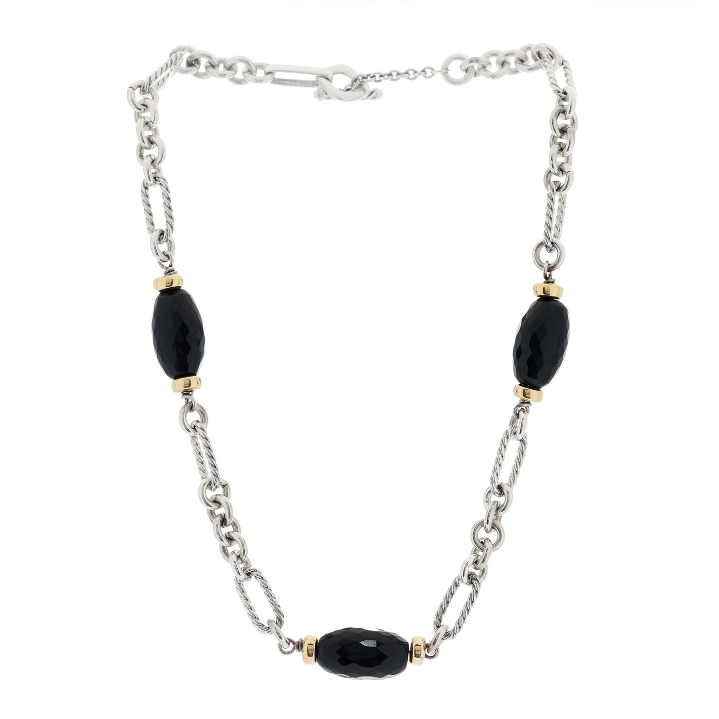 Sterling Silver 18K Yellow Gold Black Onyx Figaro Chain Necklace
