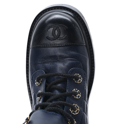 Chanel Lambskin Calfskin Quilted Lace Up Combat Boots 37 Navy 8 of 8
