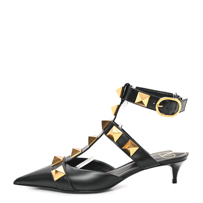Valentino Garavani Calfskin Roman Stud Ankle Strap 40mm Pumps 36.5 Black 1 of 11