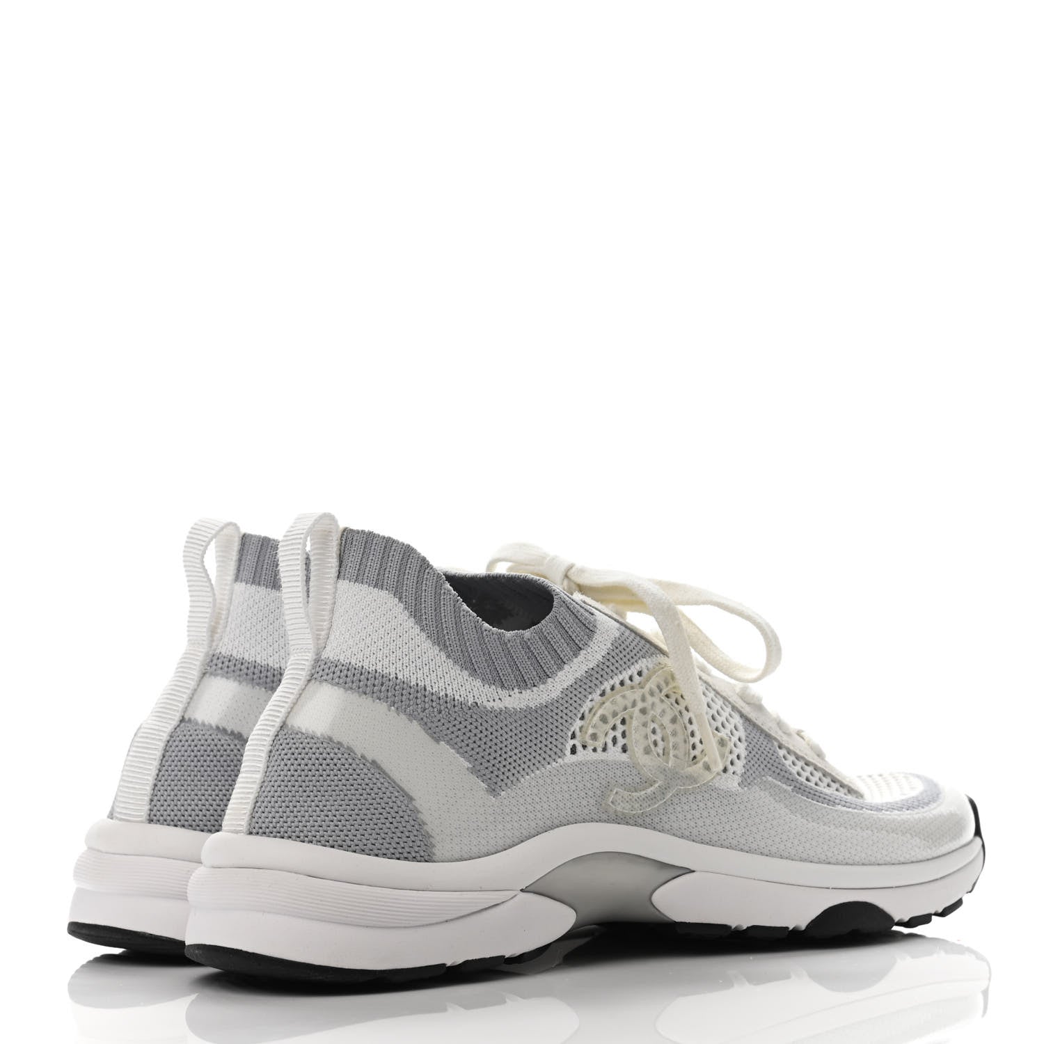 Chanel Fabric Suede Calfskin Stretch CC Sneakers 38.5 White Grey 3 of 4