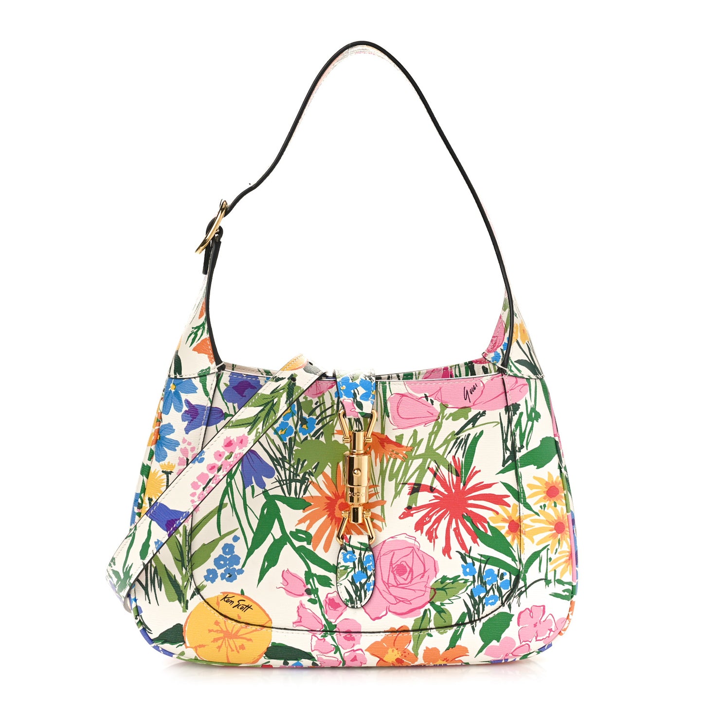 X KEN SCOTT New Shangai Calfskin Jardin D'Avril Floral Print Small Jackie 1961 Hobo Ivory Pink