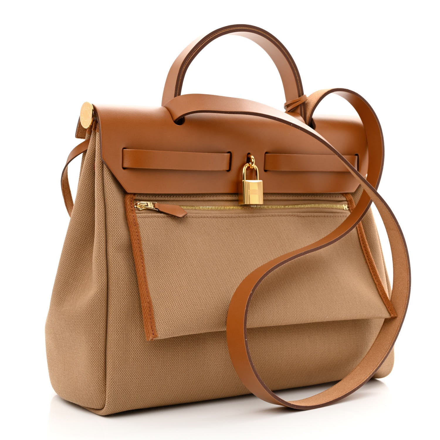back view of the HERMES Military Toile Vache Hunter Herbag Zip Retourne size 31 PM in the color Chai Fauve
