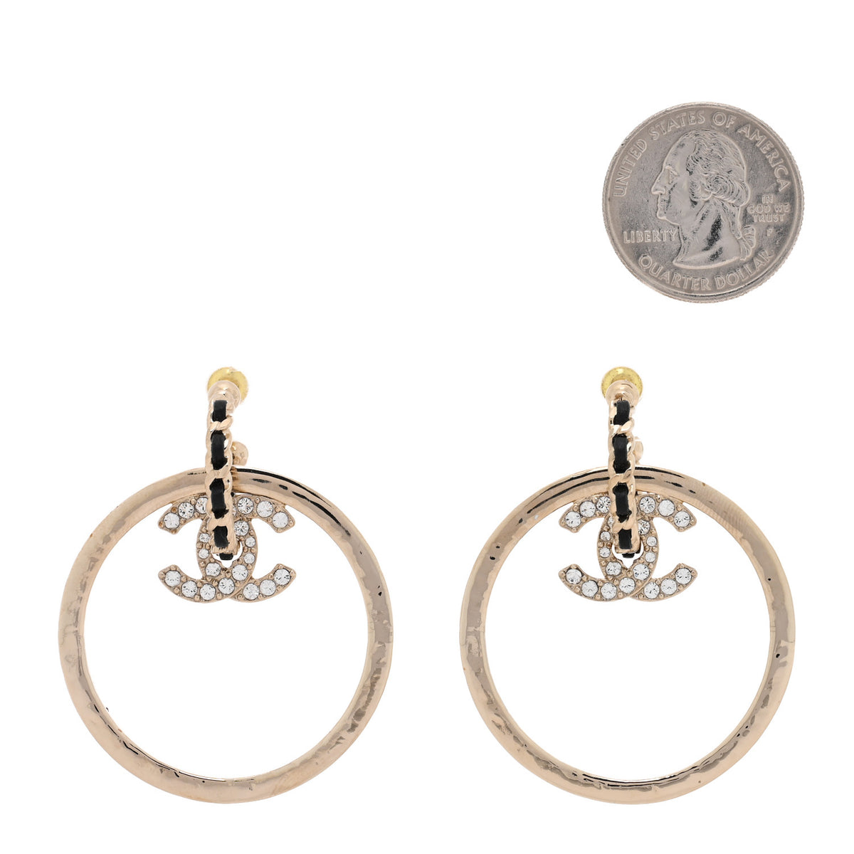 Chanel Metal Crystal Lambskin CC Chain Hoop Earrings Gold Black 2 of 5