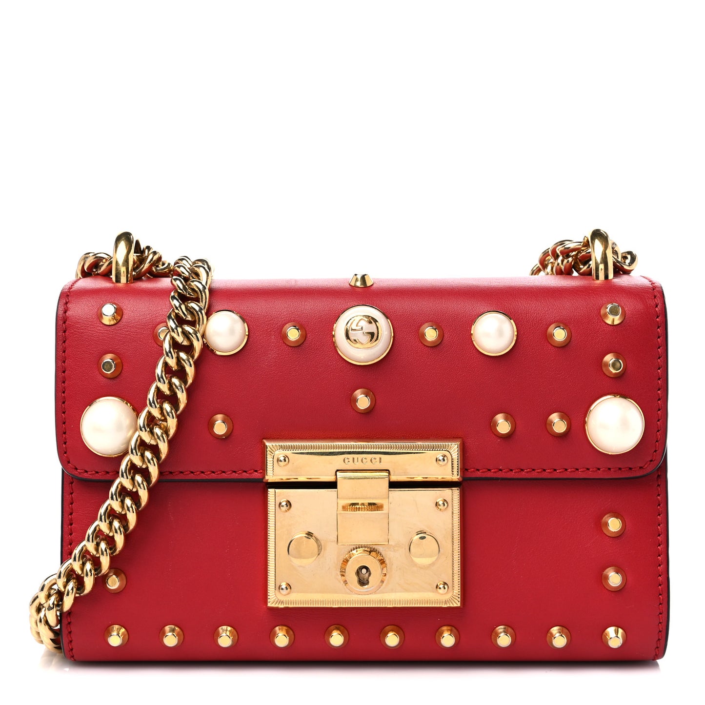 Calfskin Studded Small Padlock Shoulder Bag Hibiscus Red