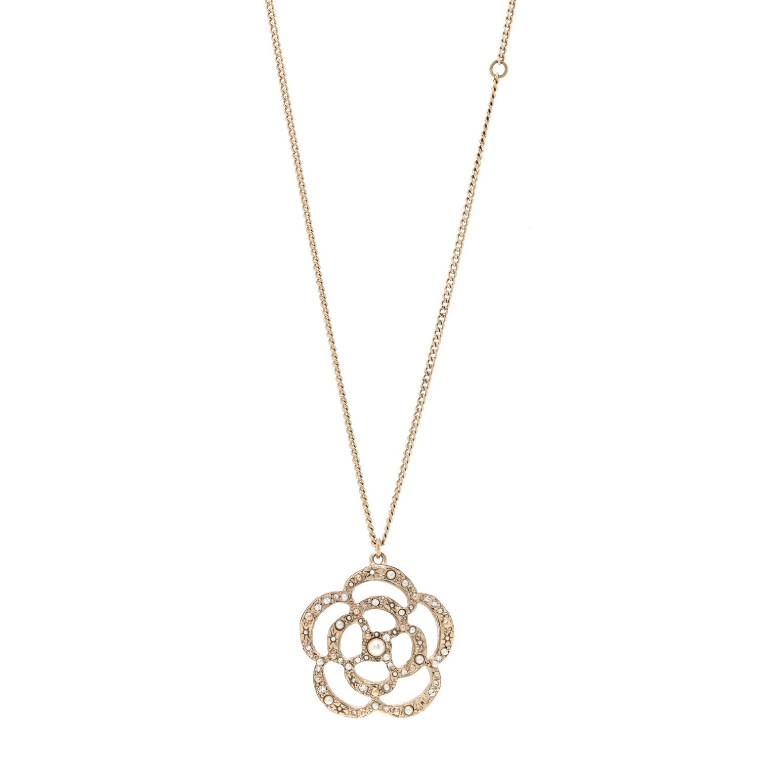 Chanel Pearl Crystal Large Camellia Pendant Necklace Light Gold 1 of 5