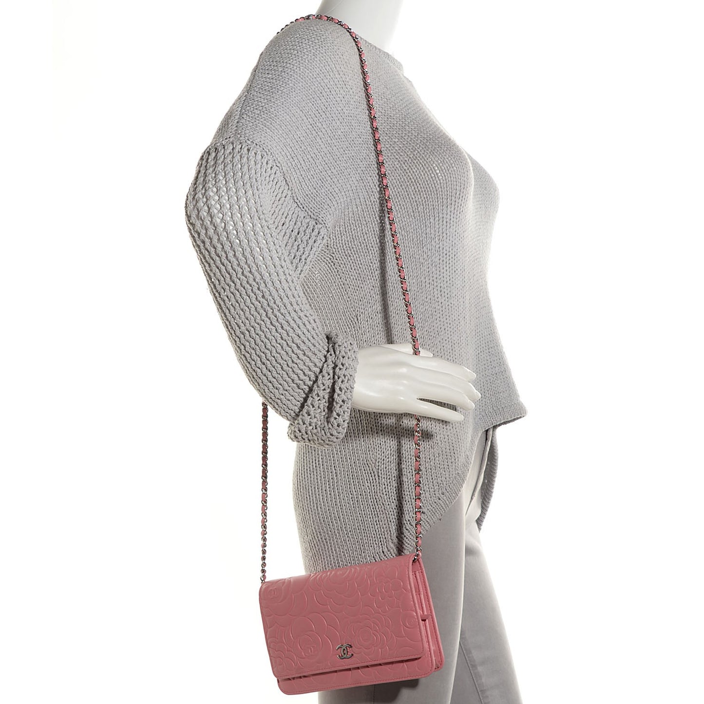 Lambskin Camellia Embossed Wallet on Chain WOC Pink