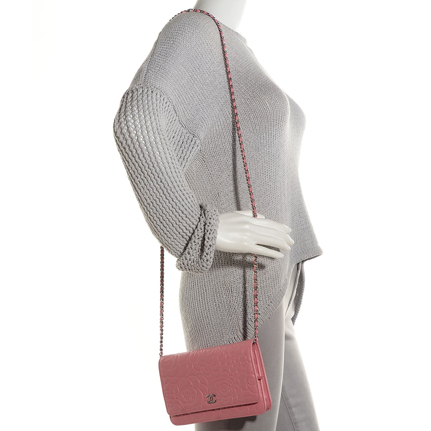 Chanel Lambskin Camellia Embossed Wallet on Chain WOC Pink 2 of 7