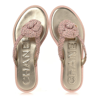 Chanel Tweed Camellia Thong Sandals 37.5 Salmon Apricot Gold 2 of 13