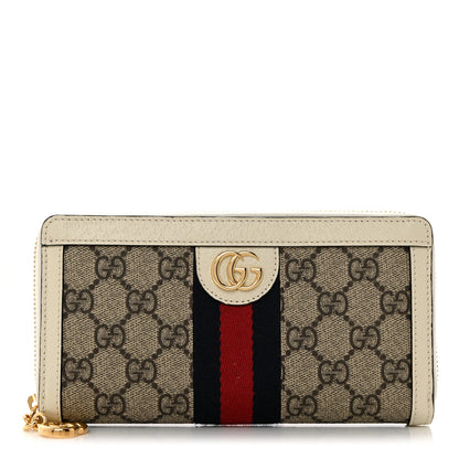 Gucci GG Supreme Monogram Textured Dollar Calfskin Web Ophidia Zip Around Wallet Beige Ebony Mystic White 1 of 8