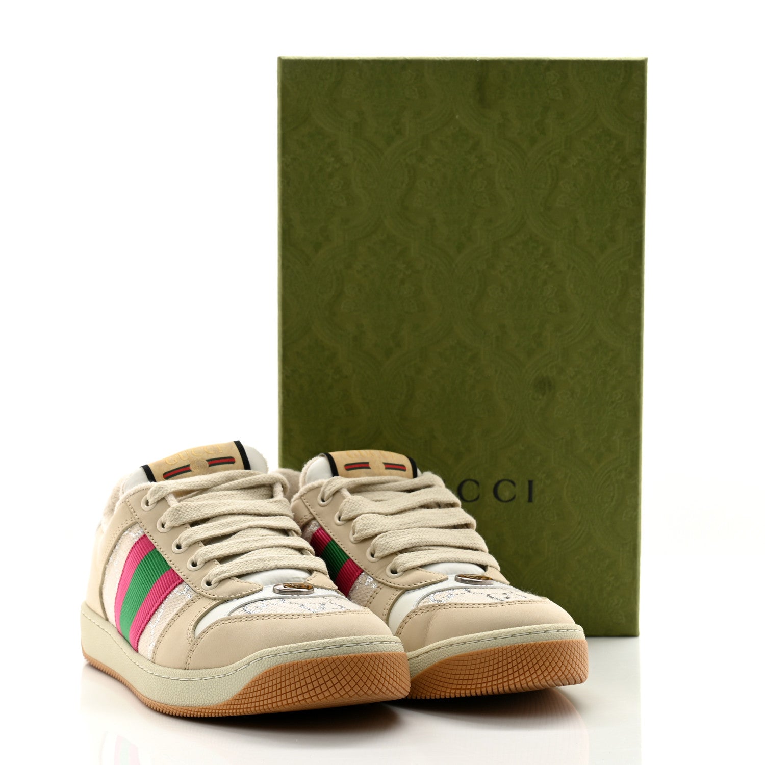 Gucci Lame GG Monogram Nubuck Web Screener Sneakers 37.5 Gardenia Silver Dusty Milk White 10 of 10