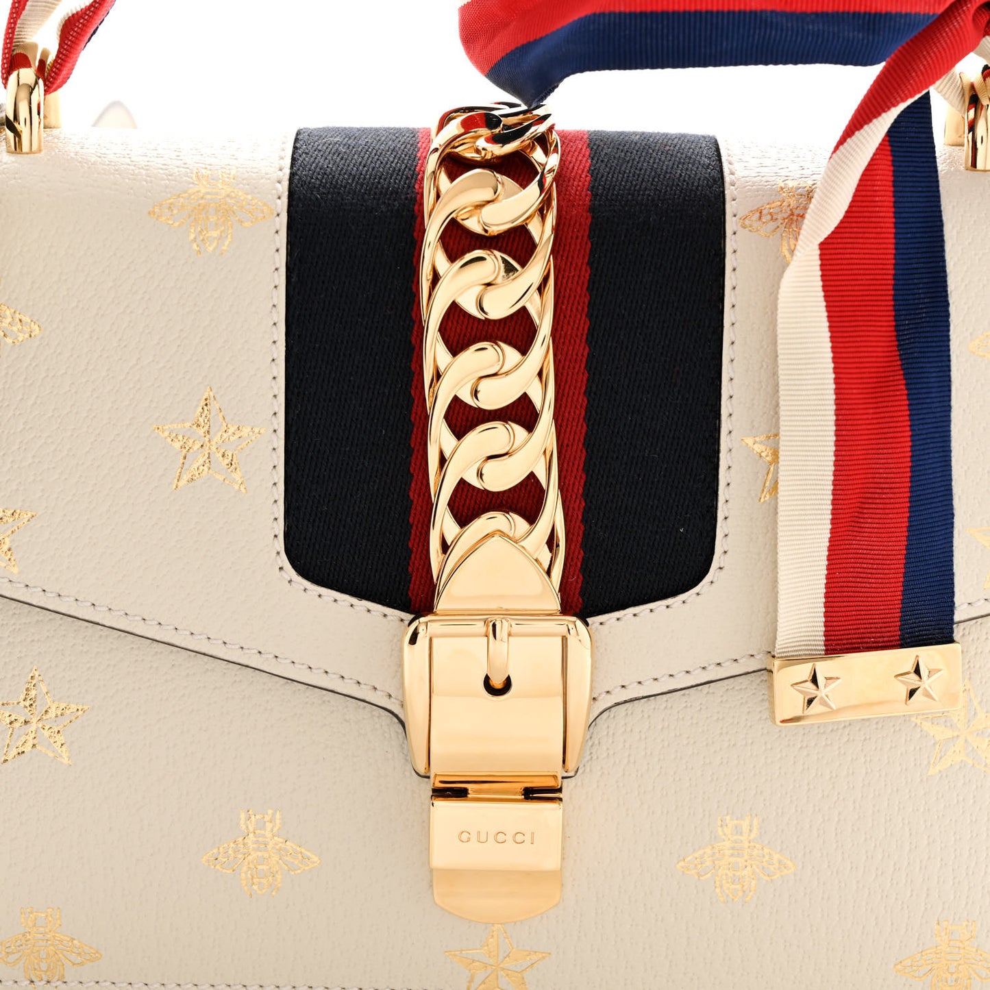 Textured Calfskin Bee Star Print Small Sylvie Shoulder Bag Mystic White