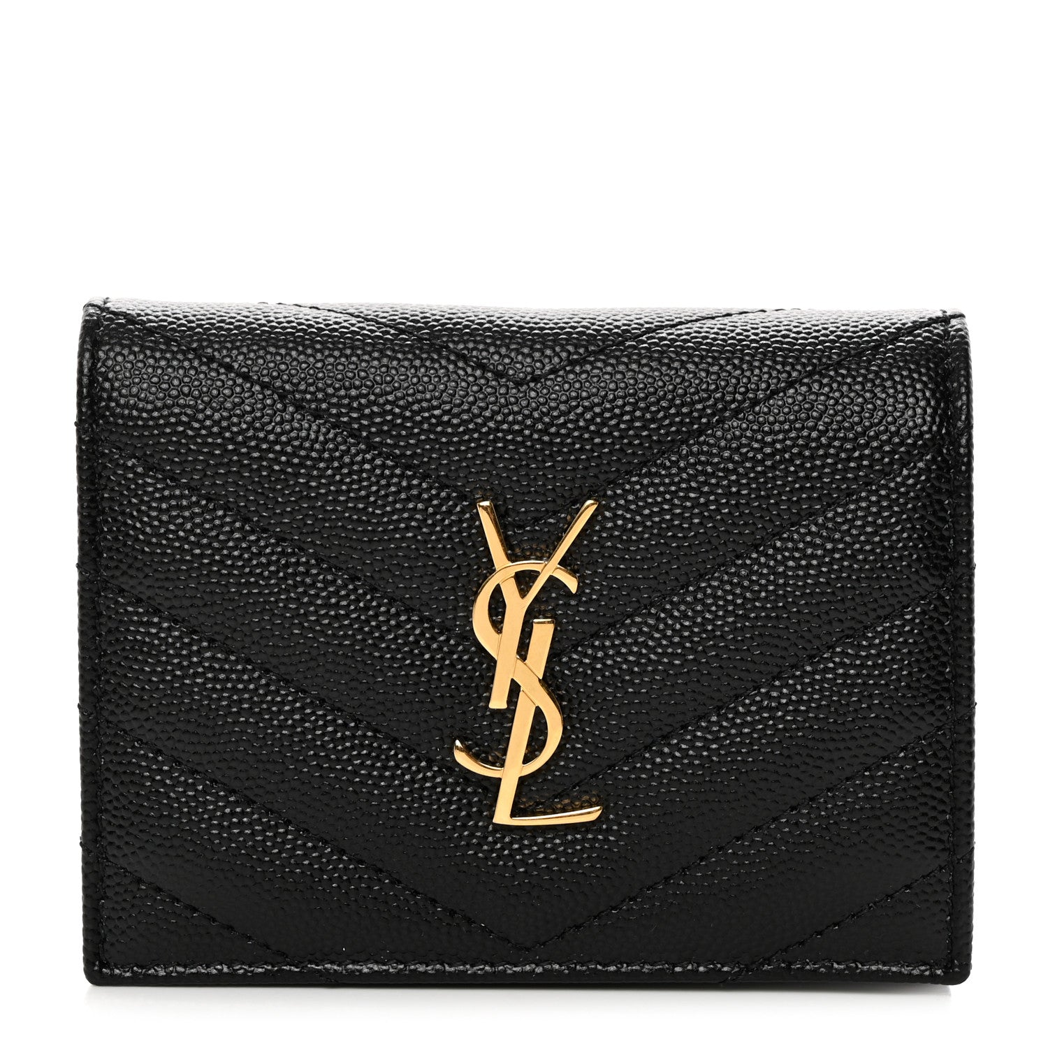 Saint Laurent Grain De Poudre Matelasse Chevron Monogram Flap Card Case Black 1 of 8
