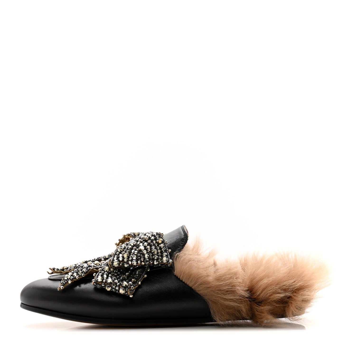 Malaga Kid Fur Crystal Bow Embroidered Womens Princetown Slippers 37.5 Black