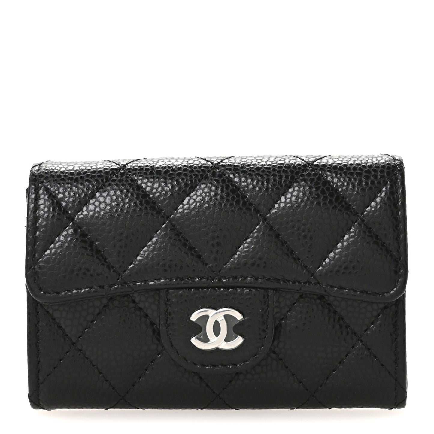 Caviar Quilted Flap Card Holder Wallet Black