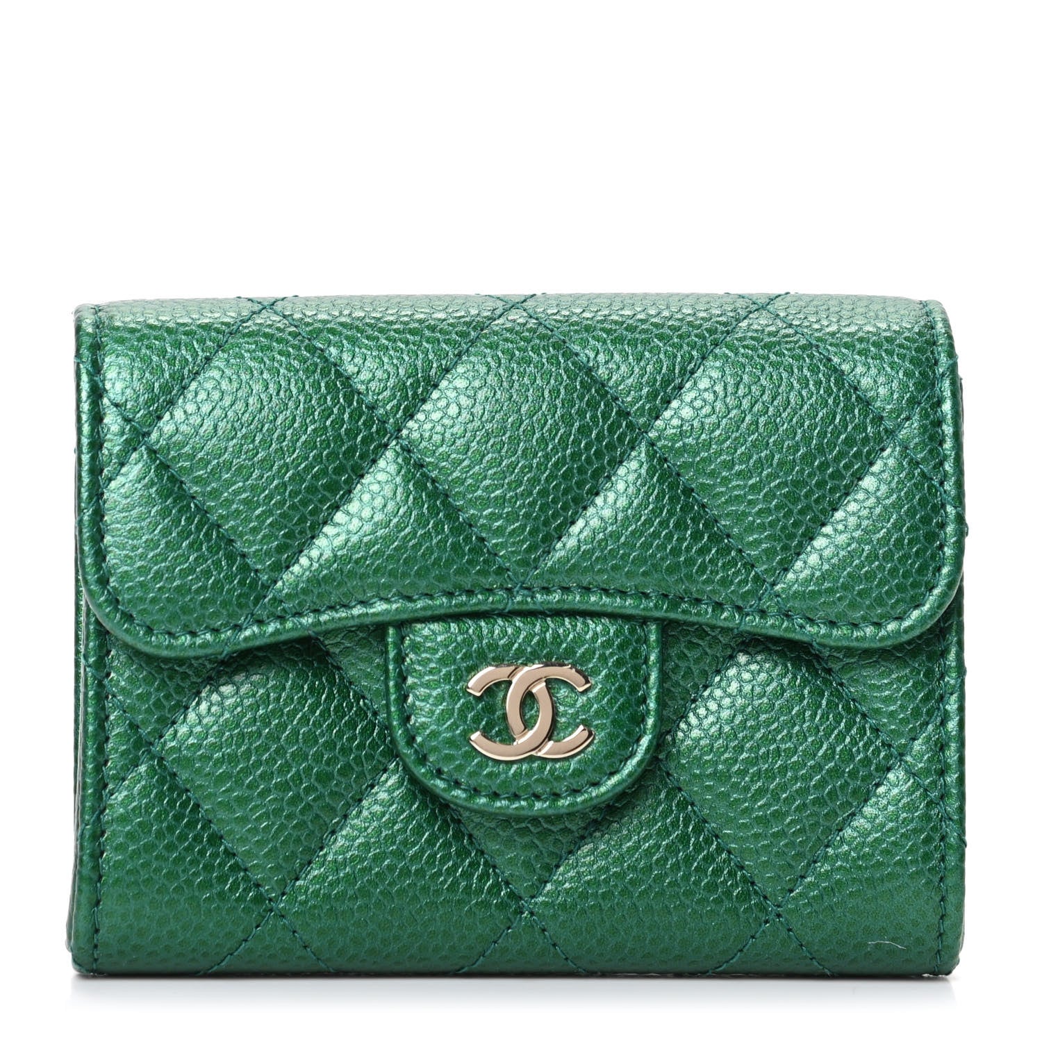 Chanel Metallic Caviar Quilted Card Holder Wallet Green 1 of 8