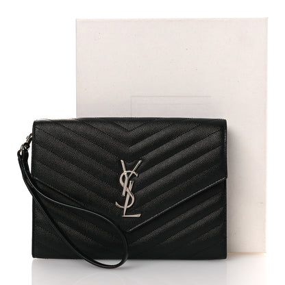 Saint Laurent Grain De Poudre Matelasse Chevron Monogram Envelope Clutch Black 10 of 10