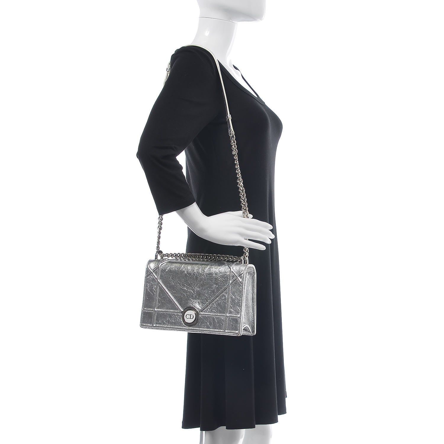 Christian Dior Metallic Crinkled Lambskin Medium Diorama Flap Bag Silver 2 of 13