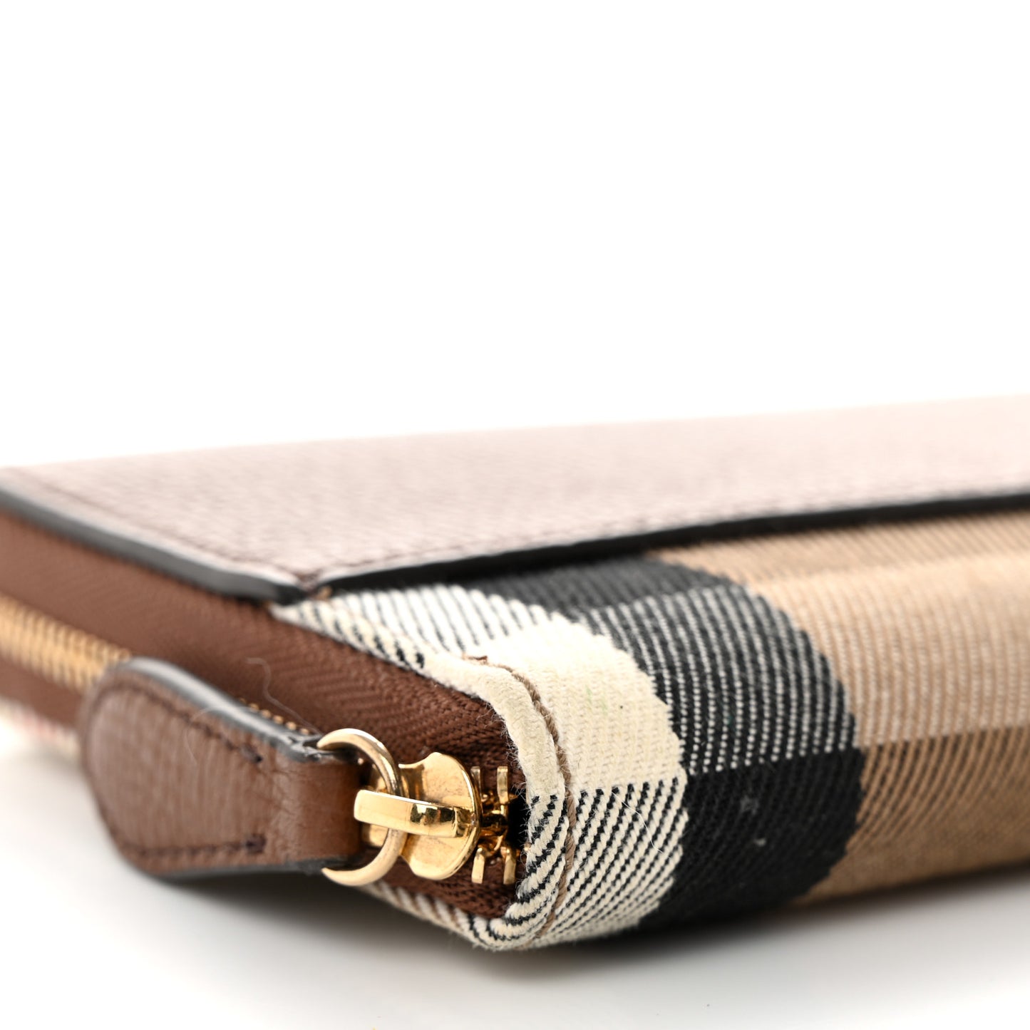 Calfskin House Check Elmore Zip Around Wallet Tan