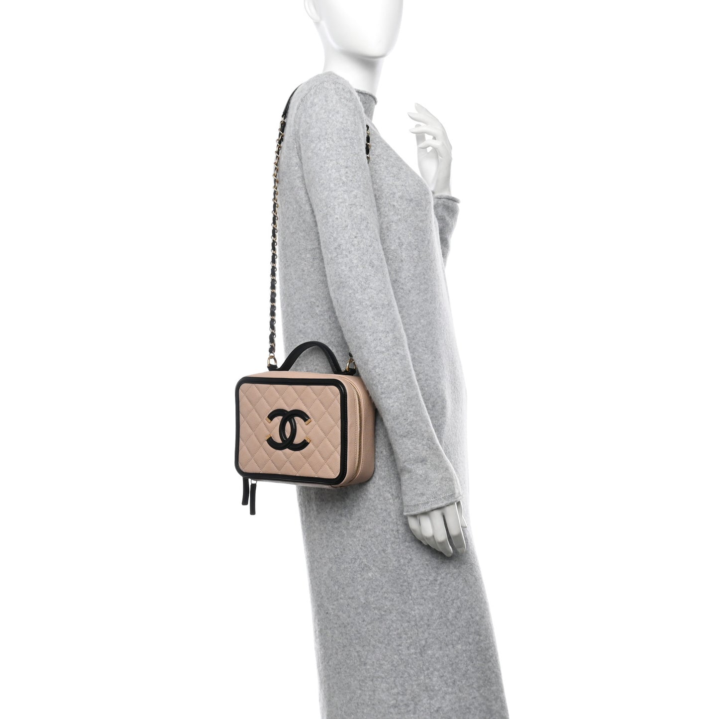 Caviar Quilted Medium CC Filigree Vanity Case Beige Black