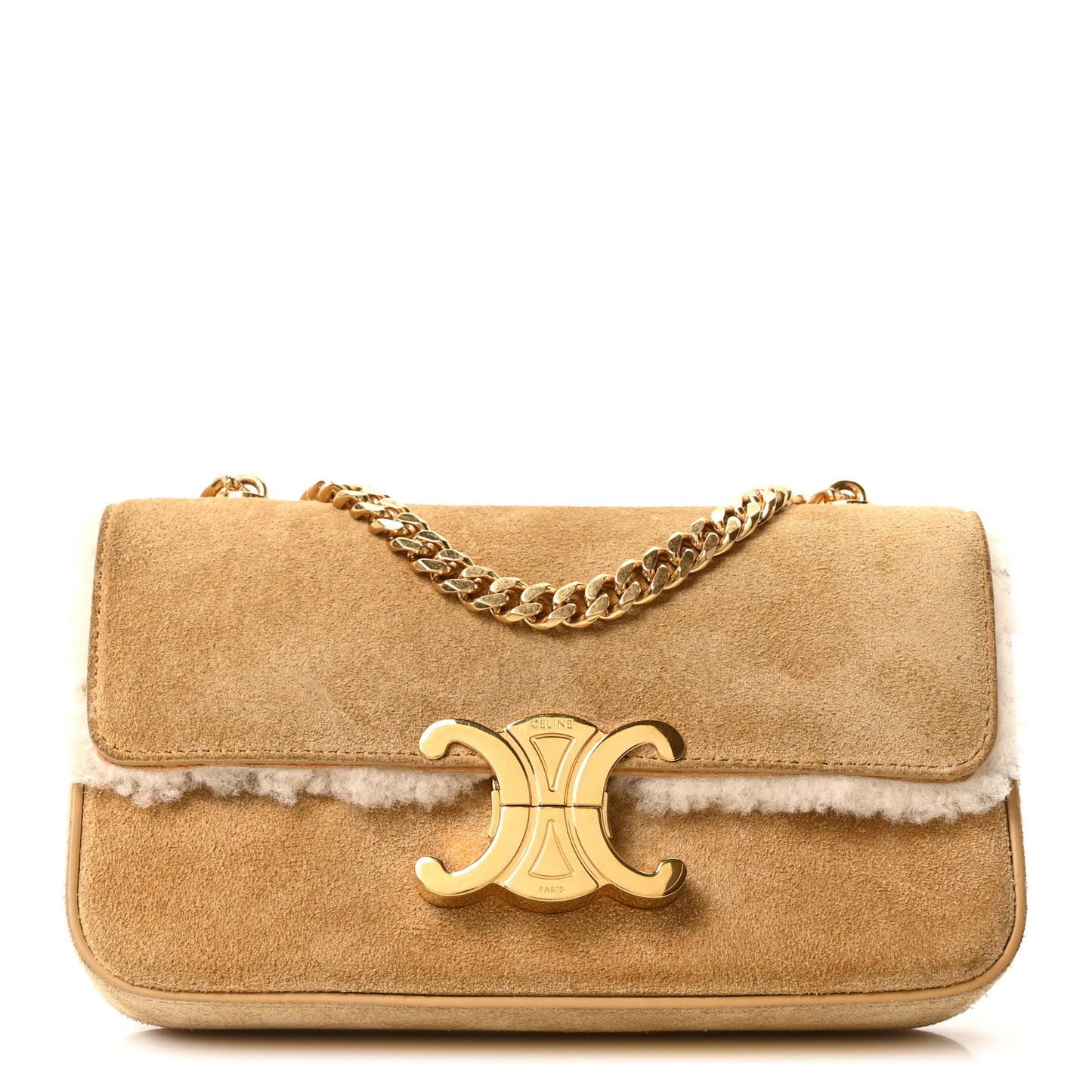 Suede Shearling Triomphe Chain Shoulder Bag Beige