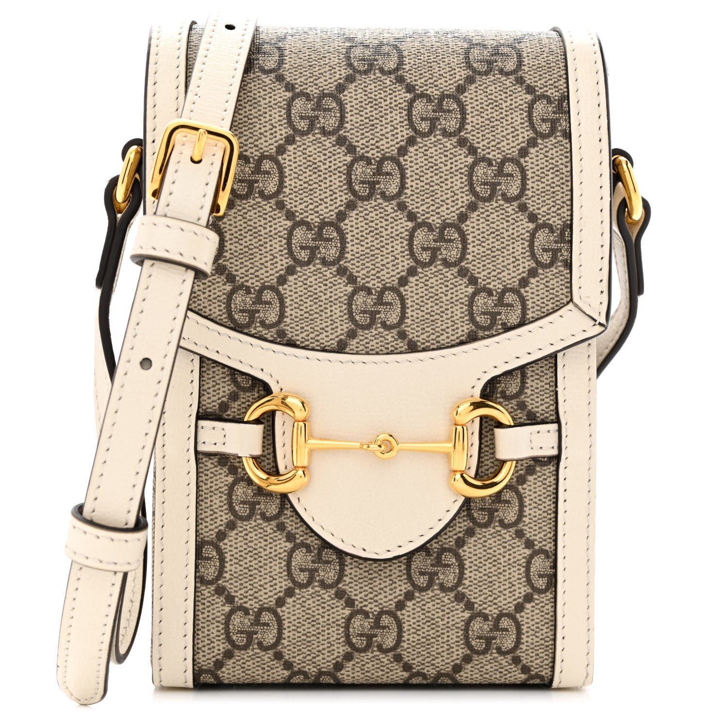 Gucci GG Supreme Monogram Azalea Calfskin Mini Horsebit 1955 Crossbody Bag Beige Ebony Mystic White 1 of 12
