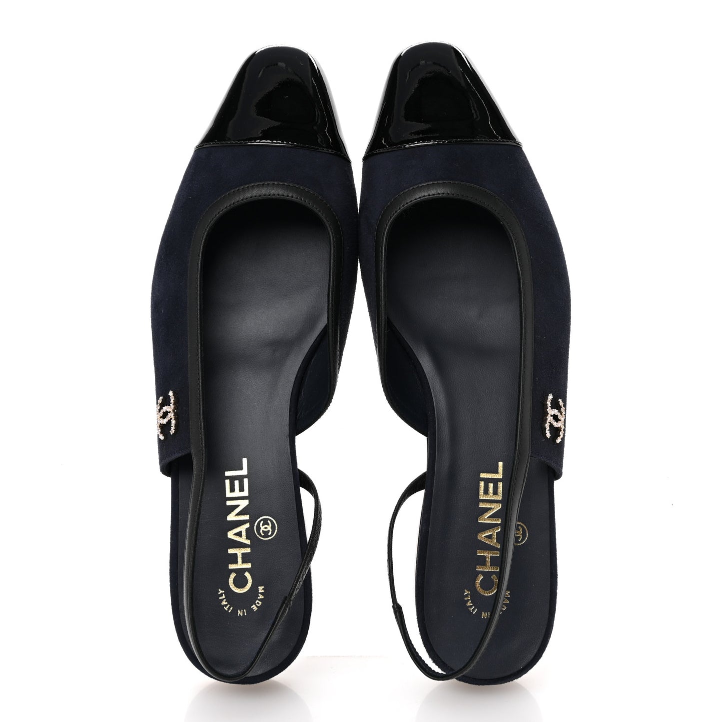 Suede Patent Crystal CC Cap Toe Slingback Flats 41 Navy Black