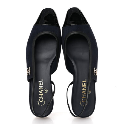 Chanel Suede Patent Crystal CC Cap Toe Slingback Flats 41 Navy Black 2 of 9