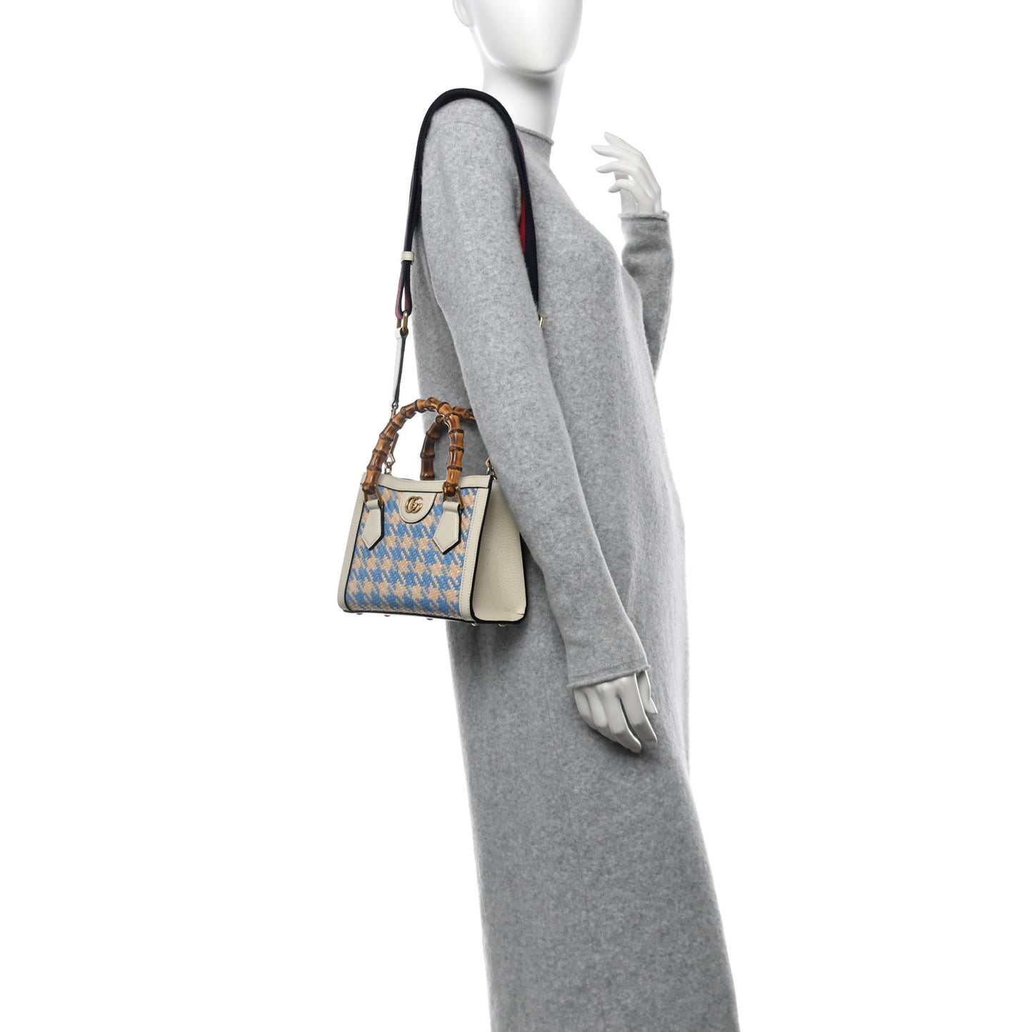 Raffia Textured Dollar Calfskin Web Houndstooth Mini Diana Tote Bag Light Blue Natural Deep Orange