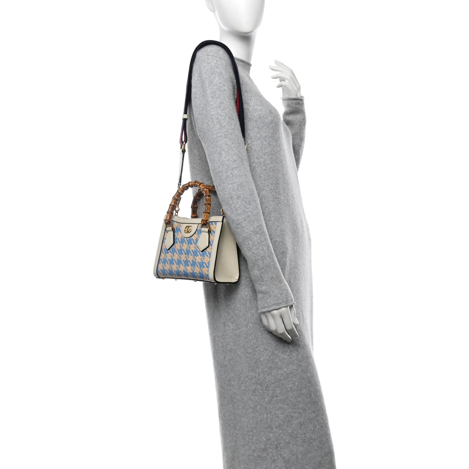 Gucci Raffia Textured Dollar Calfskin Web Houndstooth Mini Diana Tote Bag Light Blue Natural Deep Orange 2 of 12