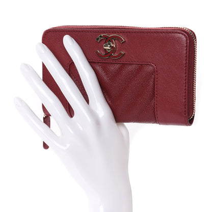 Chanel Sheepskin Caviar Chevron Quilted Medium Mademoiselle Vintage Zip Around Wallet Red 2 of 9