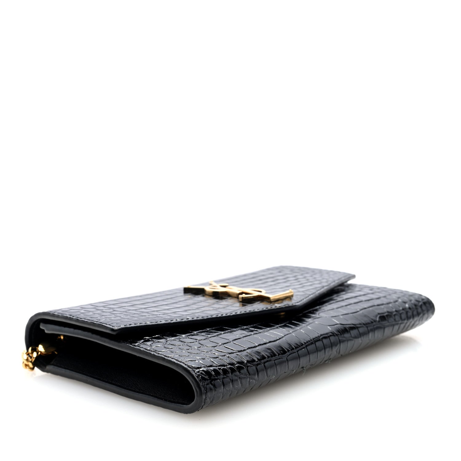 Saint Laurent Calfskin Crocodile Embossed Monogram Uptown Chain Wallet Black 5 of 10
