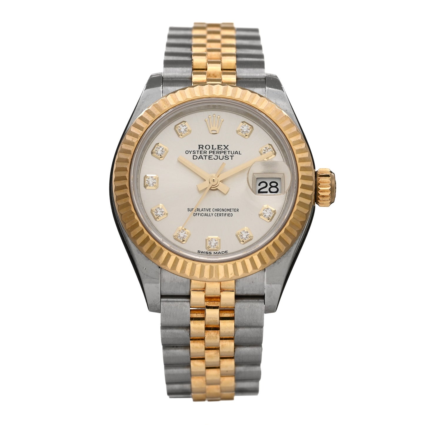 Stainless Steel 18K Yellow Gold Diamond 28mm Oyster Perpetual Datejust Watch Silver 279173